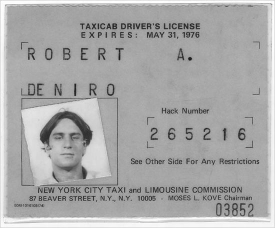 Robert De Niros' official NYC taxicab driver's license.